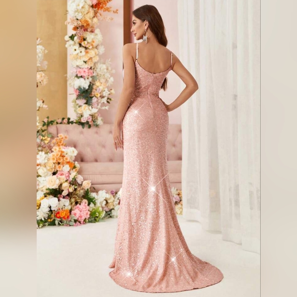 SHEIN Belle Sparkly Deep Draped Neck Floor-Length Ladies Evening Dress Size M